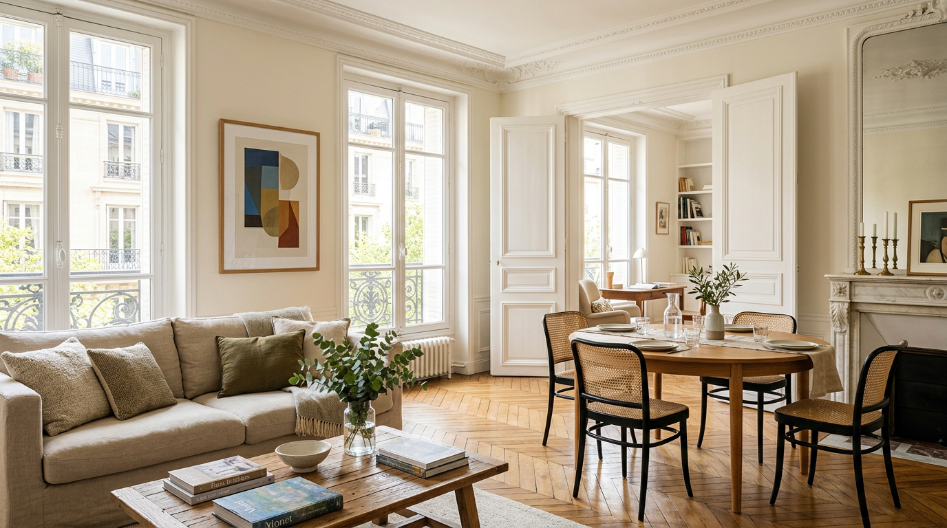 Parisian living room opening onto the next room, generated image
