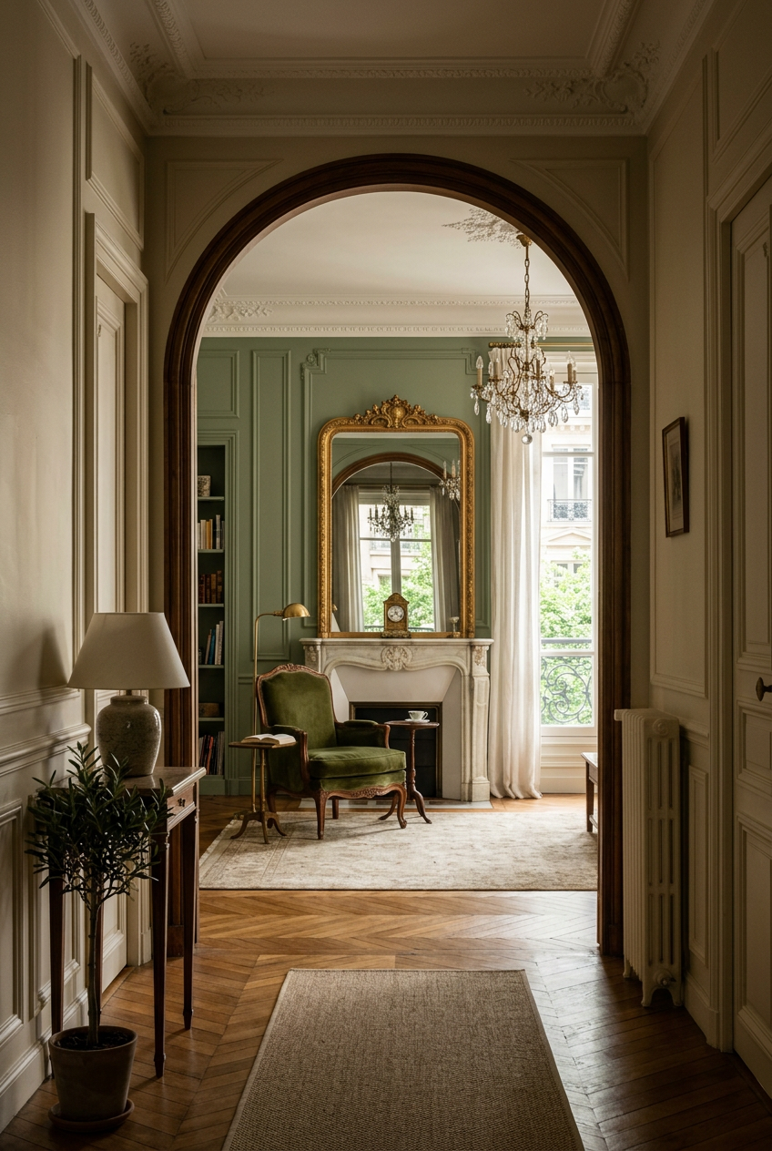 Arche entre un couloir et un salon aux murs vert sauge, image générée