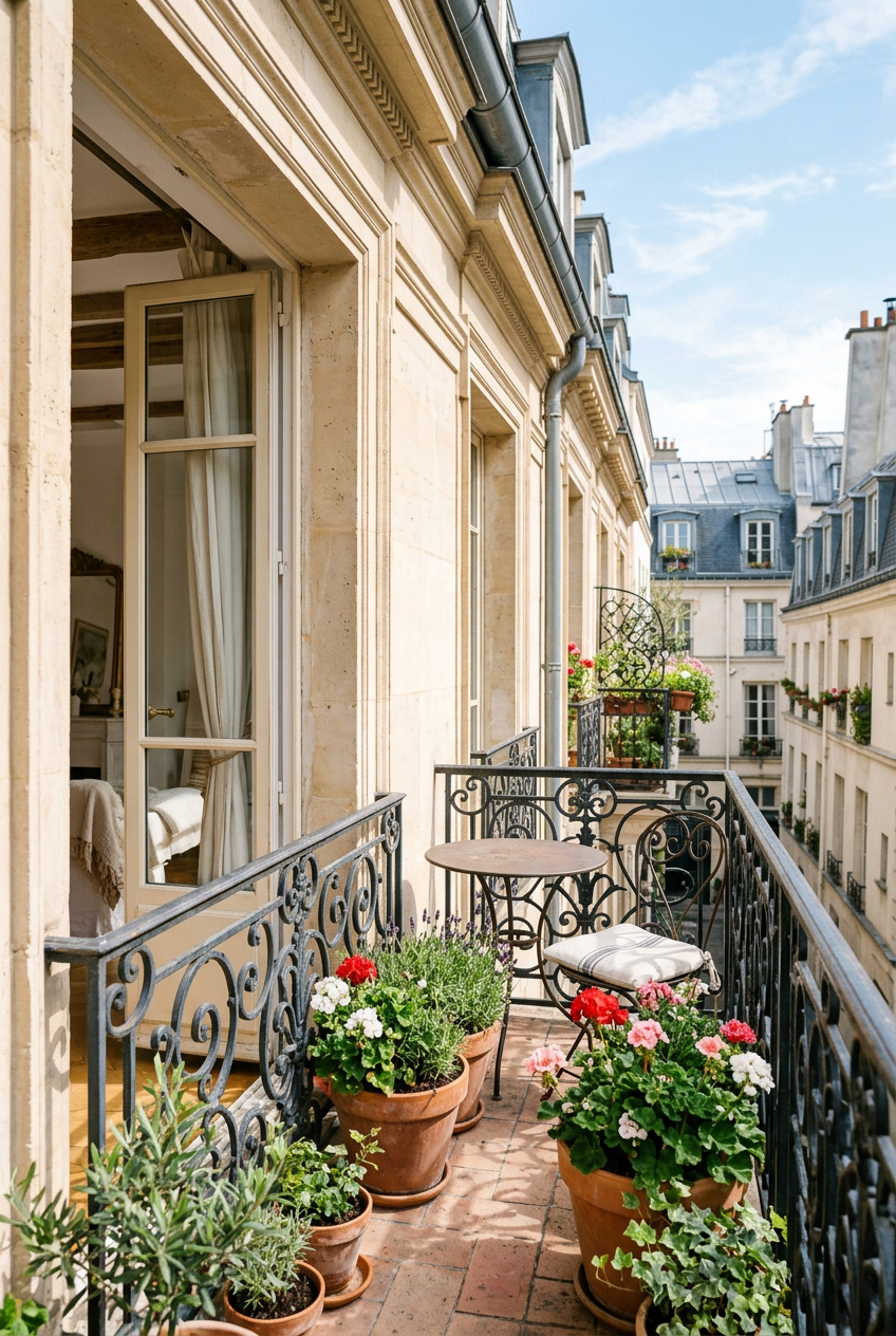 Balcon devant une porte-fenêtre ouverte, image générée